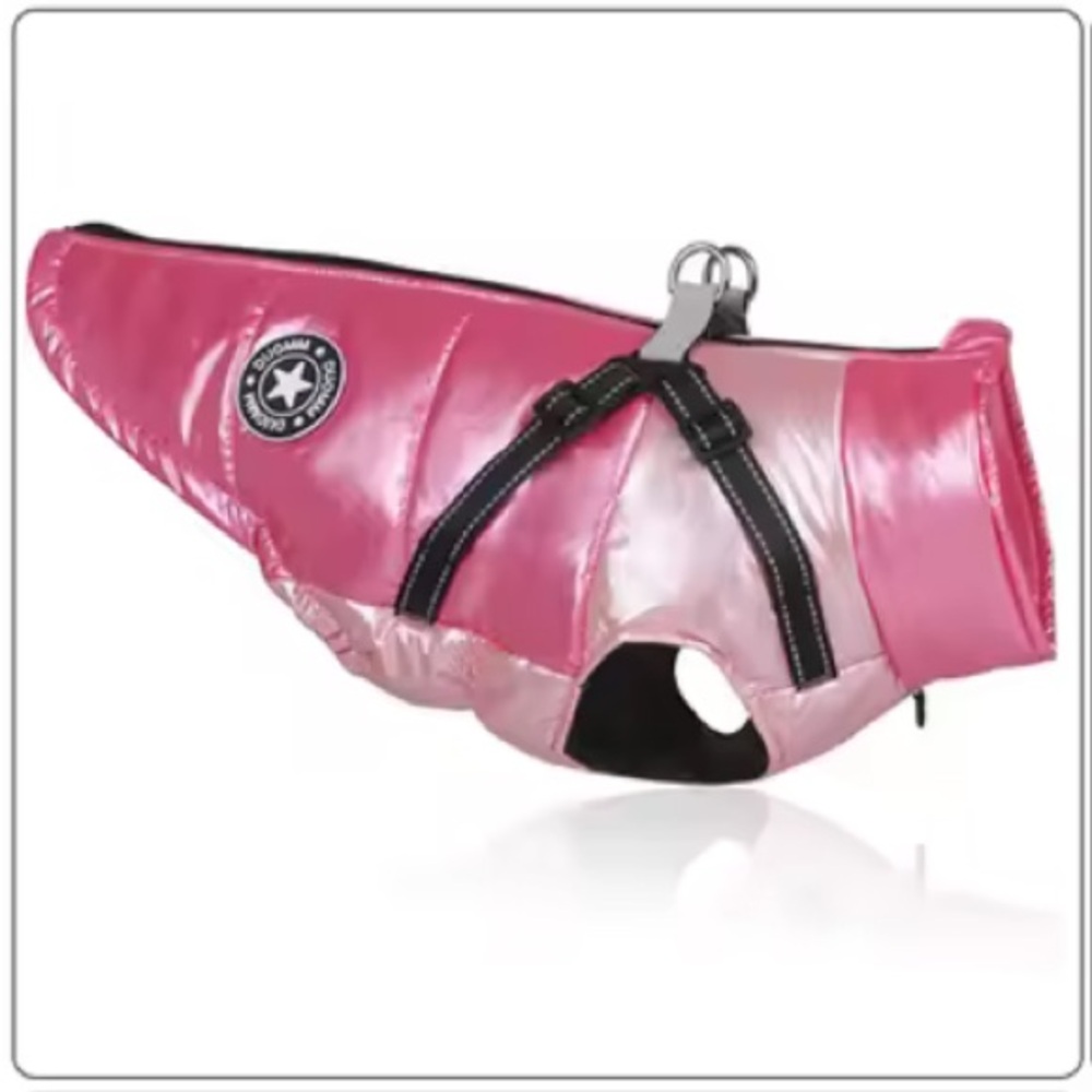 Pink Dog Puffer Jacket with Black Zipper & Built in Harness - Picture 5 of 14
